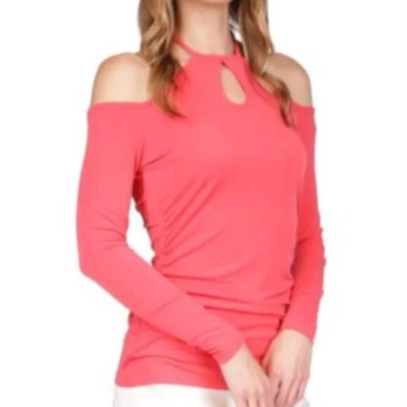 MICHAEL KORS Women's Cold-Shoulder Keyhole Top Long Sleeve Sz XS NWT Stretch - Picture 1 of 7